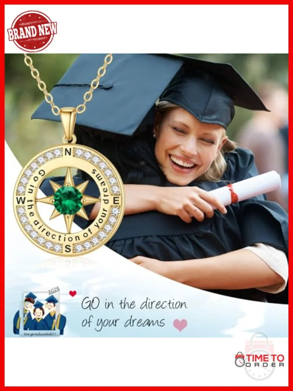 14K Gold Plated Compass Birthstone Necklace Graduation Gift